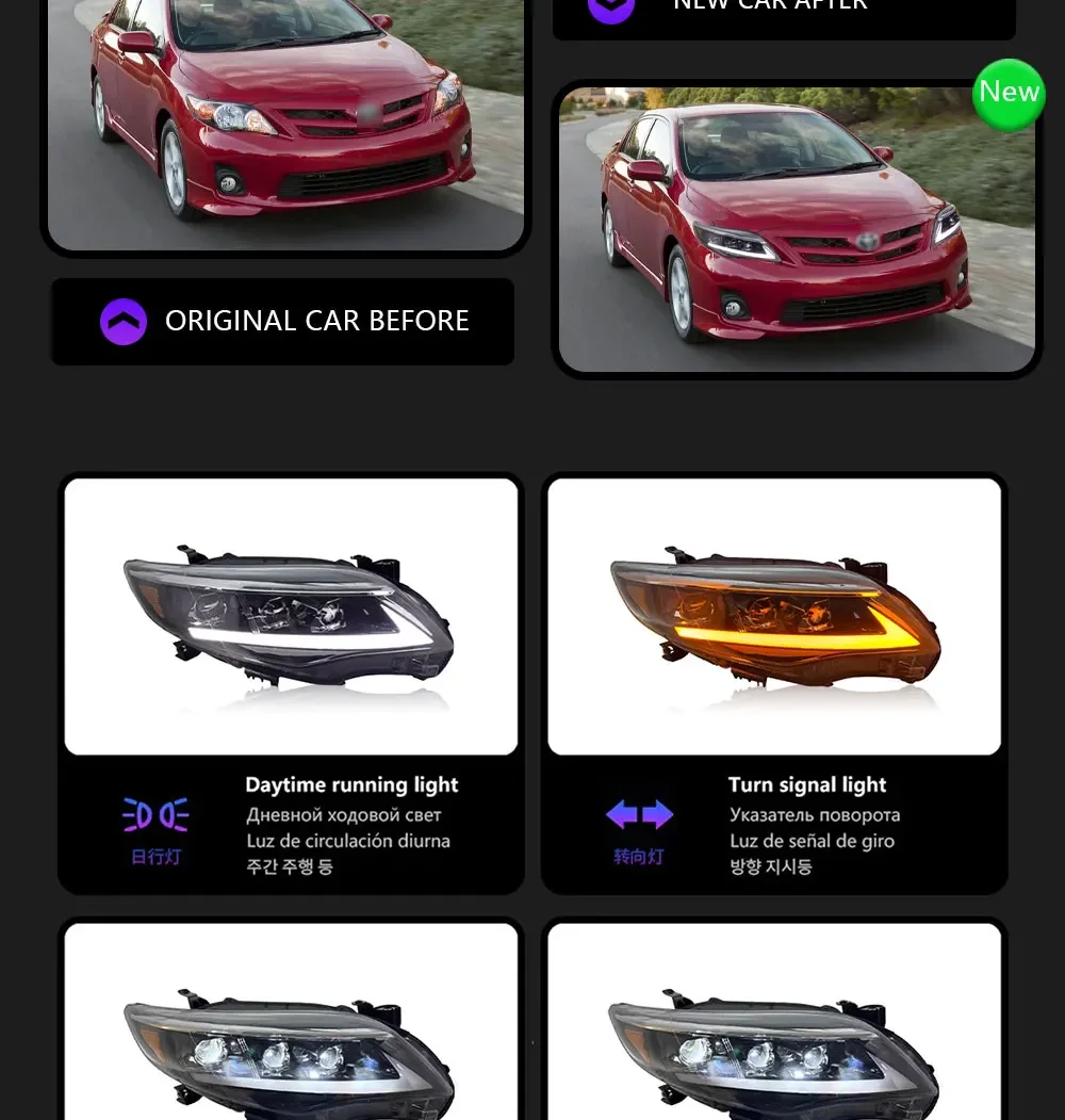 نوع سيارة لتويوتا الولايات المتحدة كورولا المصباح 2010-2013 ترقية تعديل جديد DRL ديناميكية بدوره إشارة LED المصباح اكسسوارات السيارات