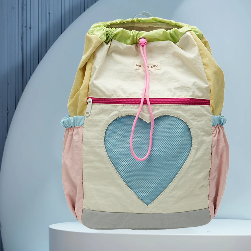 Backpack for Women Girls Color-Block Bag Nylon Drawstring Laptop Backpack Adjustable Strap for Travel