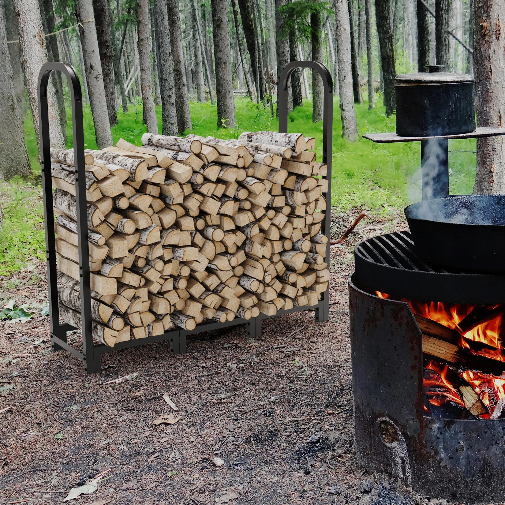 Black Metal Wood Log Storage Rack Stand Fireplace Firewood Holder