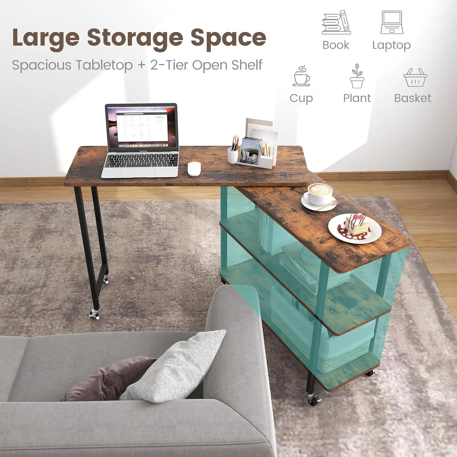 360 °   Free Rotating Sofa Side Table, Mobile L-Shaped Laptop Desk with Sturdy Metal Frame, 6 Universal Casters, Movable Couch Snac 3
