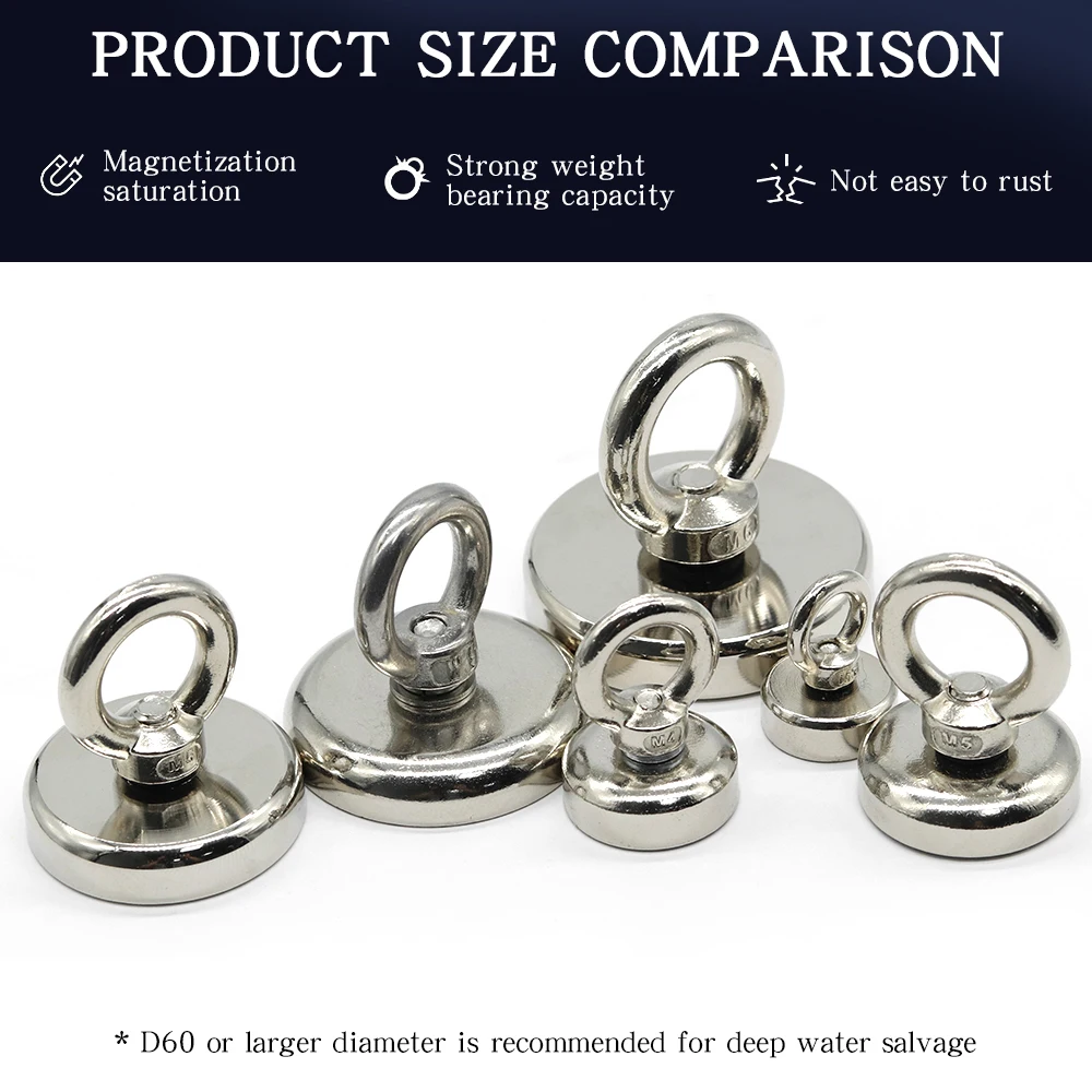 N52 헤비 듀티 검색 자석 강력한 네오디뮴 자석인양 자석 링 아이볼트로 장착하는 심해 낚시 자석