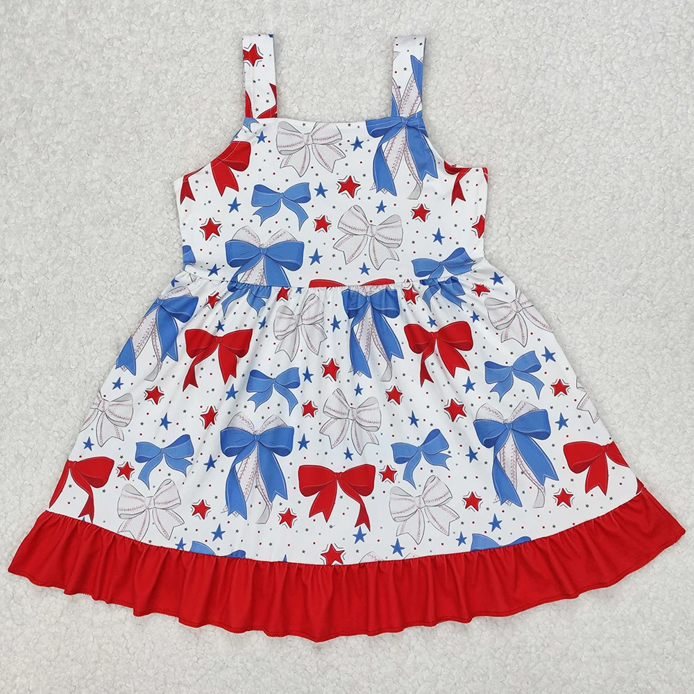 Hot Sale Baby Girls Dress Blue Bows Flag Knee Length Dresses July 4th Boutique Toddler Girls Dress Summer Kids Clothing