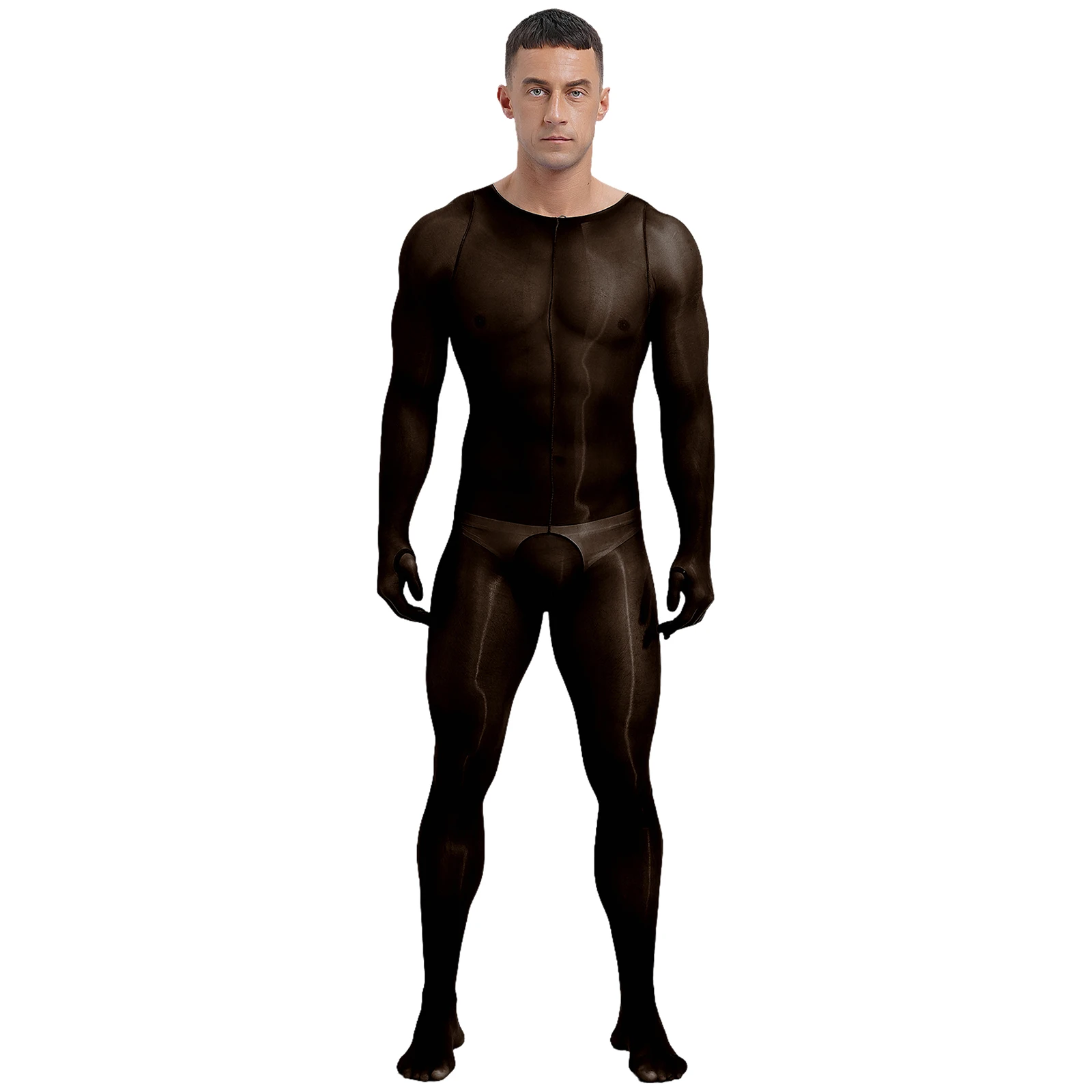 Mens Glossy See-through Full-body Bodysuit Underwear Long Sleeve Full Finger Gloves Bodystockings Jumpsuit Unitard Nightwear