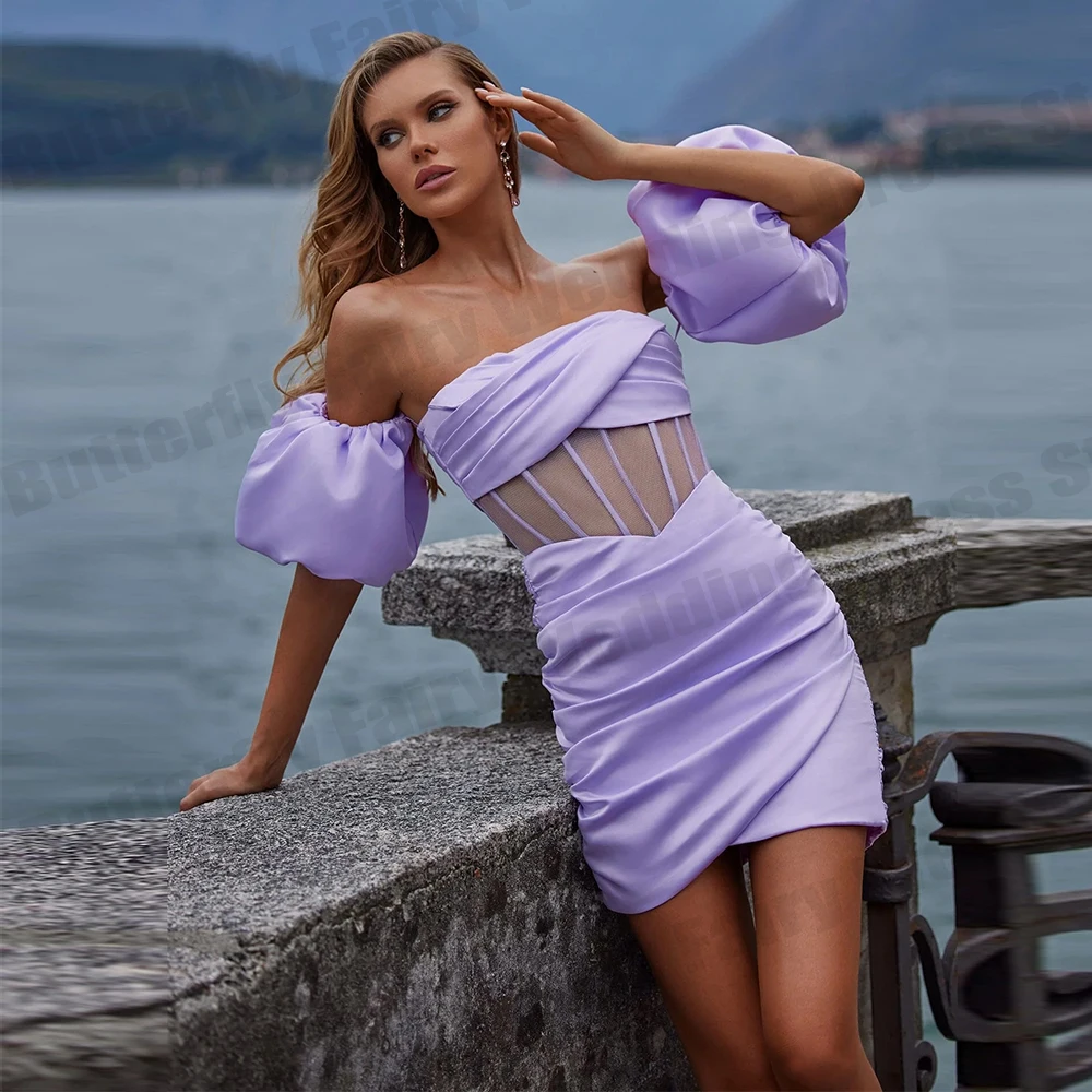Off Shoulder Satin Short Dress with Pockets Orchid
