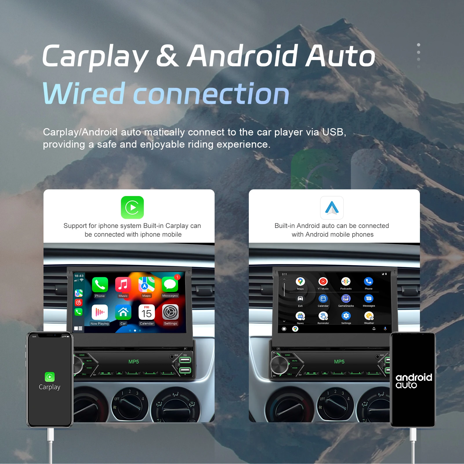 Leekooluu-Radio con cable para coche, reproductor Multimedia con Android, Carplay, pantalla retráctil Manual de 7 pulgadas, 1 Din, MP5, vídeo, Universal 2