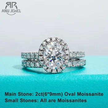 AnuJewel 2ct (Total 2.648ct) Oval Cut D Color Moissanite Bridal Ring Set Wedding Band Silver Rings With Cer Jewelry Wholesale