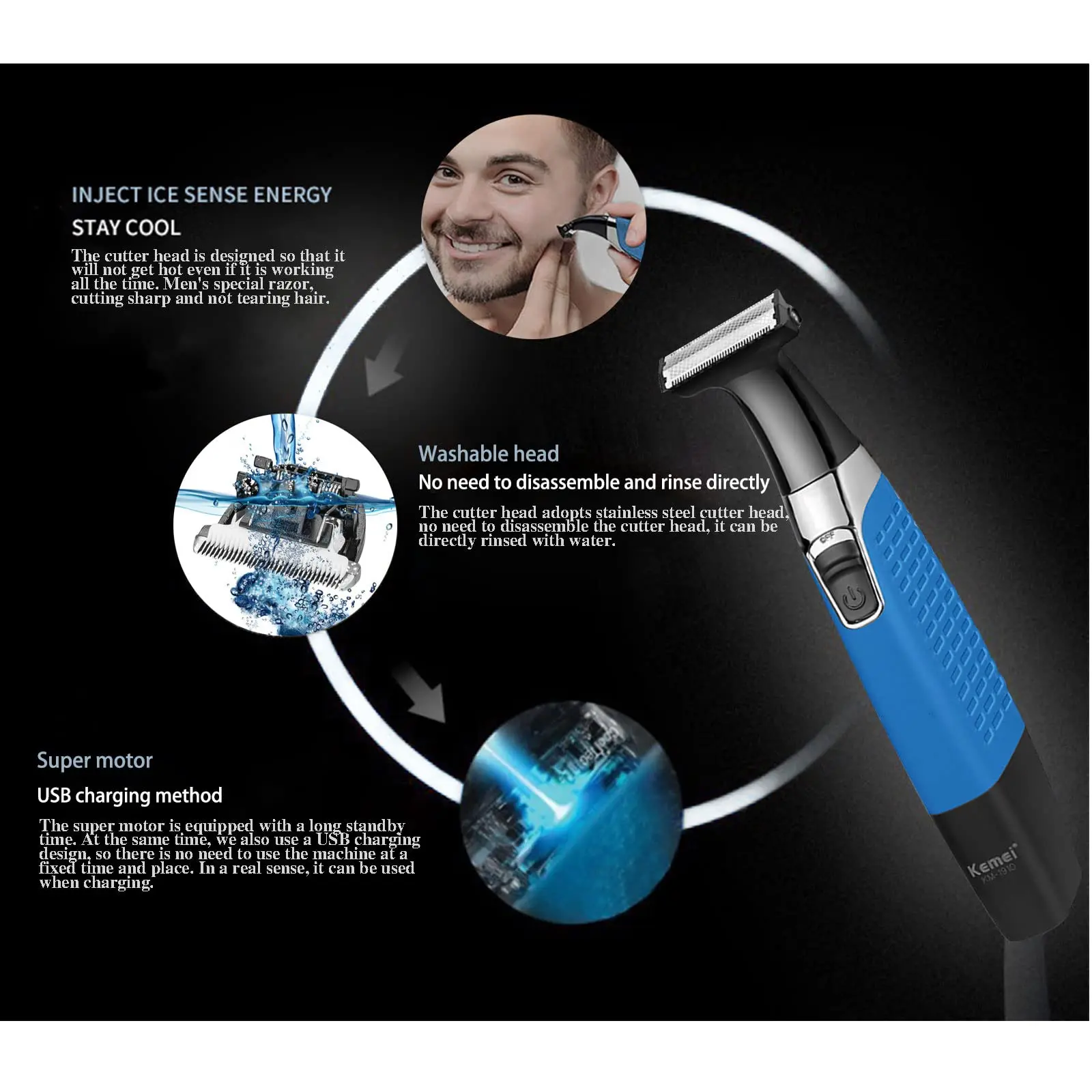 KEMEI Electric Shaver Professional Beard Trimmer Reciprocating Rubber Anti-skid Body Waterproof Rechargeable Shaver KM-1910 4