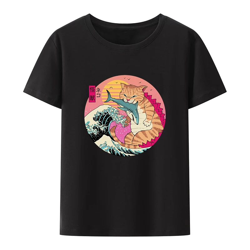 

Cat Eats Fish Cotton T-shirt Japanese Style 2000s Clothes Y2k T-shirts Otaku Unique Letters Trend Pair Short Sleeve Tee Classic