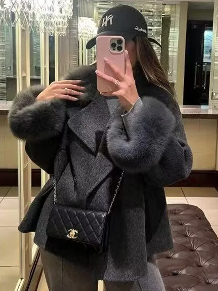  Elegant Woolen Short Coat For Ladies Solid Loose Lapel Furry Collar Long Sleeve Jacket Female 2025 Autumn Winter Chic Coat
