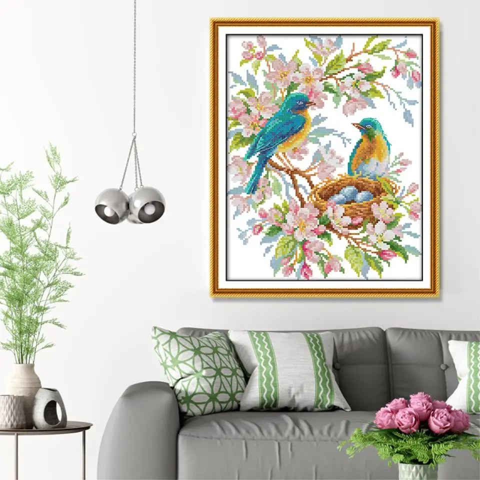 Paar Vögel Auf Blume Zweig Kreuz Stich Kits 11ct 14ct Kits Handwerk Stickerei Set Gedruckt Leinwand Gewinde Baumwolle Hause Verkauf – Detail 2