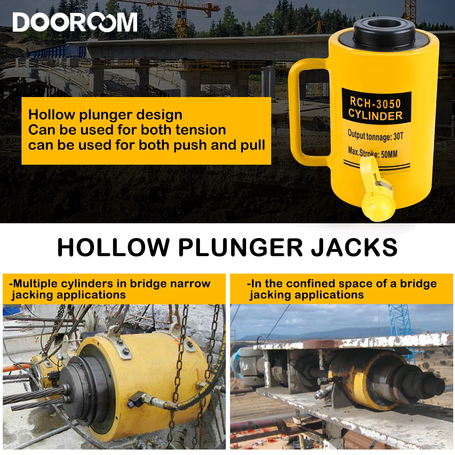 DOOROOM 30T Hollow Hydraulic Jack Cylinder Multi-use Manual Oil Pressure Hydraulic Lifting and Maintenance Tools RCH-3050 4