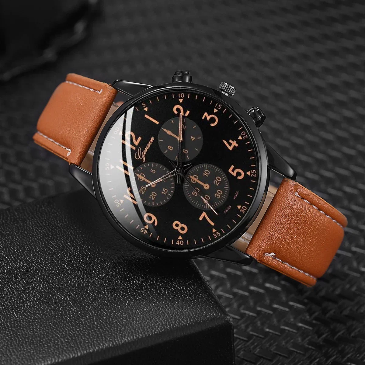 4Pcs/set Men's fashion Trend Brown PU leather quartz watch and bracelet set