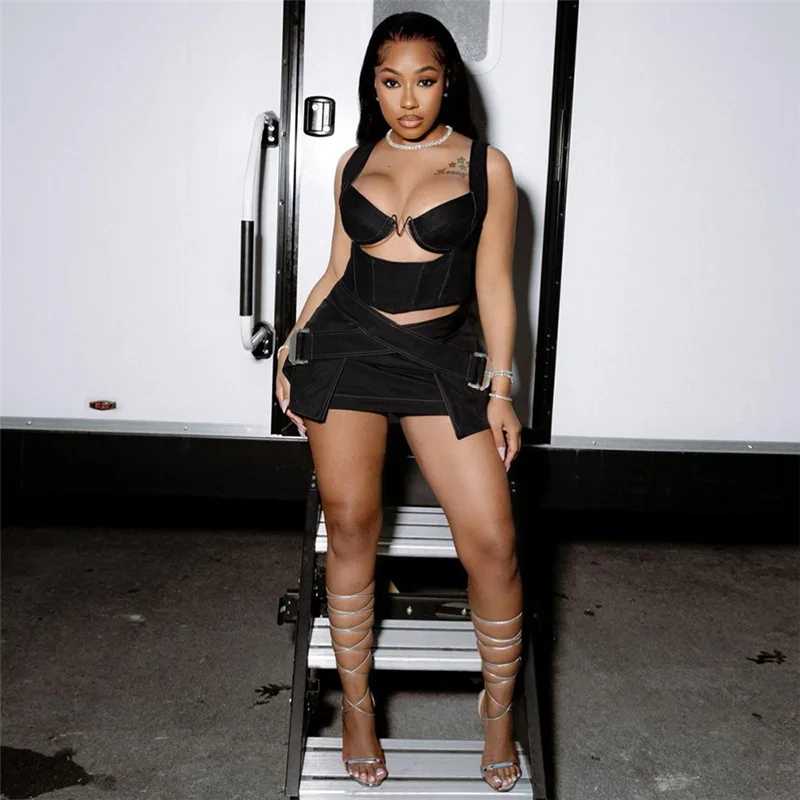 

Fashion Sexy Sleeveless Hollow Out Vestido Top and Patchwork Mini Skirt Y2k Streetwear Party Clubwear 2 Piece Sets Women Outfit