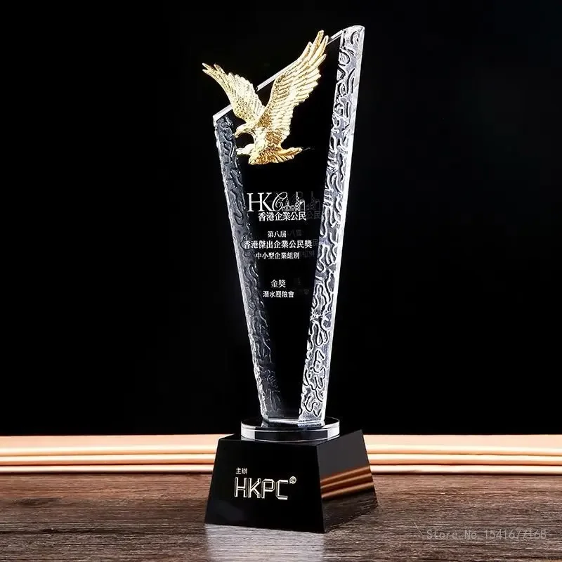 Customized Lettering, Creative Metal Golden Eagle Shaped Crystal Trophy, Sales Company, Enterprise Awards, Home Decorations, 1Pc
