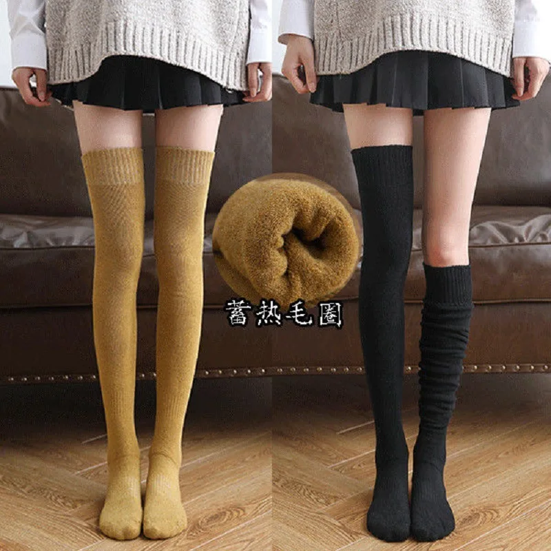 

Women's Winter Thigh-High Stockings with Inner Fleece, Over-the-Knee Socks for Girls, Coffee Color
