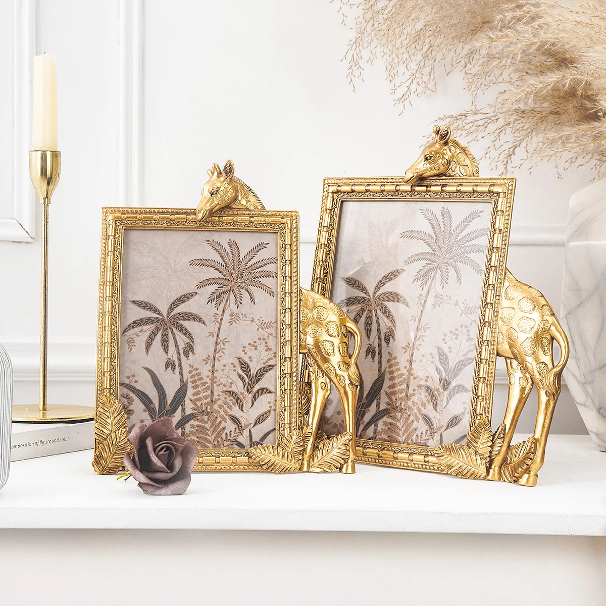 1PC, golden resin material rectangular giraffe-shaped decorative photo frame, resin material desktop warm photo display frame