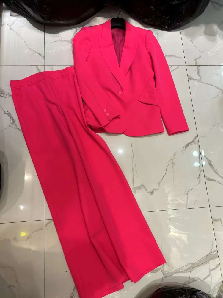 Office Lady Top Quality 2024 New Spring Summer Elegant Pink Long Sleeve Blazer Tops Pants Set