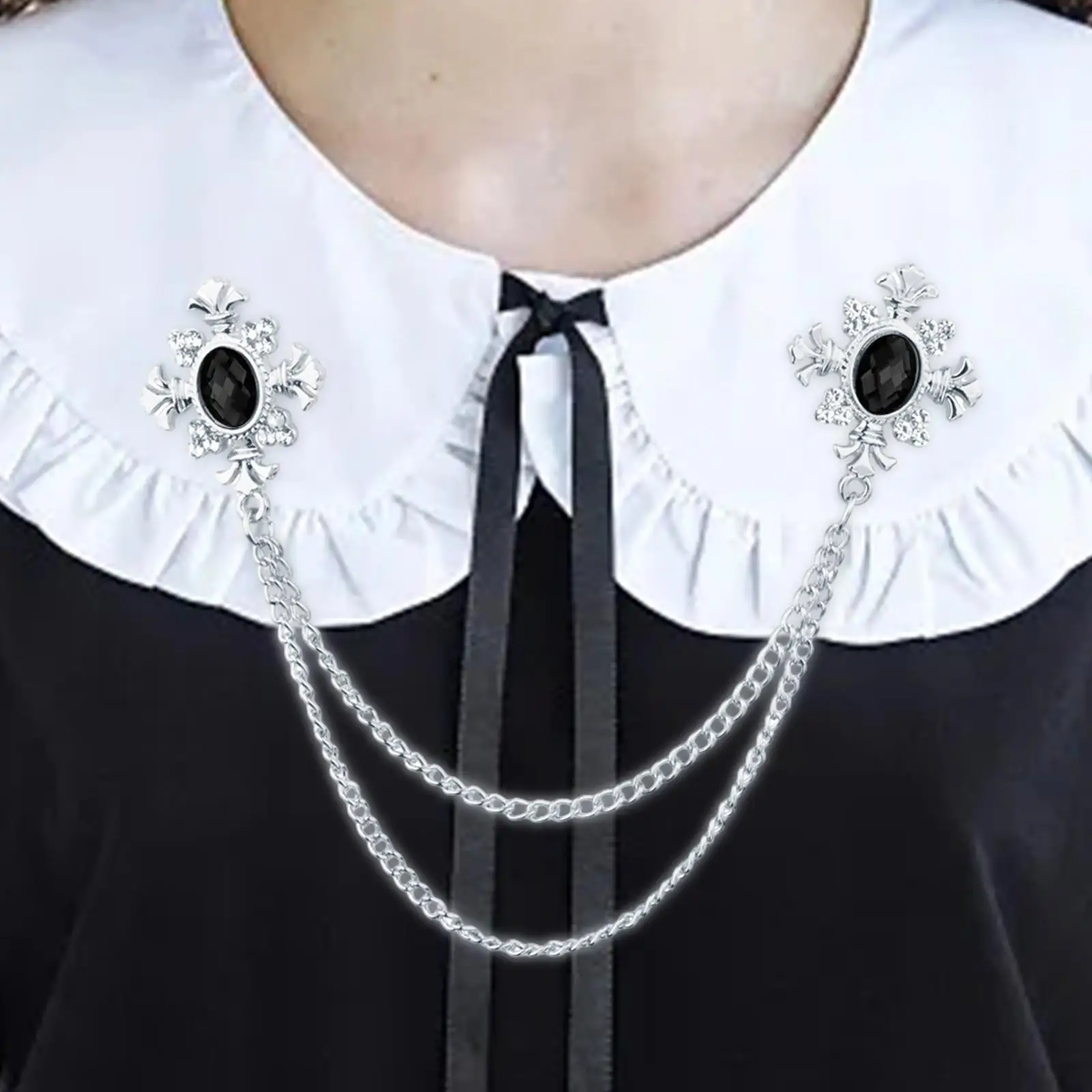 2xMen`s Brooch Lapel Fashion Women Rhinestone Chain Brooch for Shirts Coat Tie Silver Black