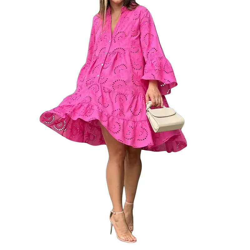 Beach Dress Women Embroidery Lace Eyelet Hollow Out 3/4 Sleeve Single Breasted Mini Dress y2k Vacation Dresses