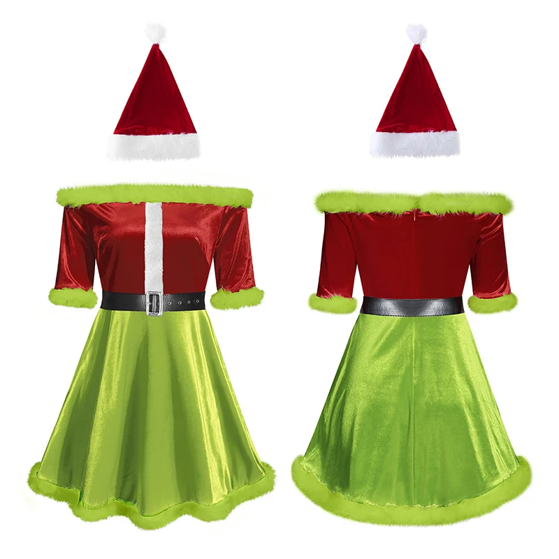 Vestido de Papá Noel para mujer, disfraz de señora Claus de lujo, vestido de terciopelo con hombros descubiertos, conjunto de gorro de Papá Noel, trajes de cosplay