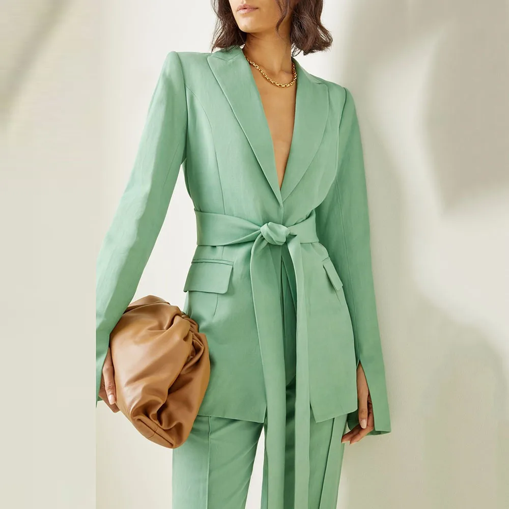 Fashion Green Women Suits Peaked Lapel Blazer Custom Made With Belt Casual Daily Young Chic 2 Pieces Set Jacket+Pant
