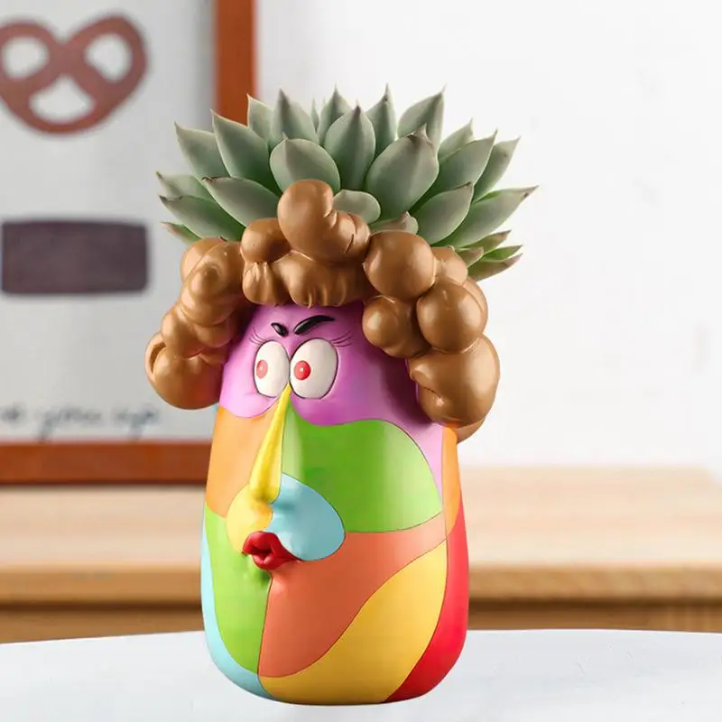 

Face Plant Pot Cartoon Curly Rainbow Head Female Art Vase Flower Pot Resin Container With Drain Holes For Indoor Outdoor Plants