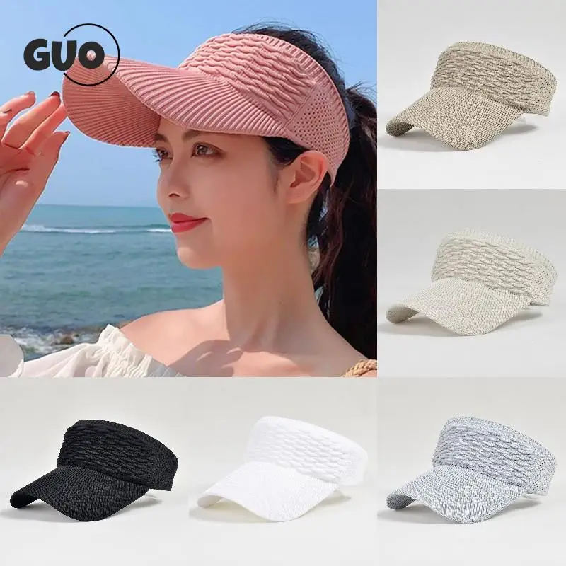 

Large Brim Outdoor Sunscreen Hat Fashion Folds Design Empty Top Hat Elastic Fabric Sports Summer Sun Cap For Women
