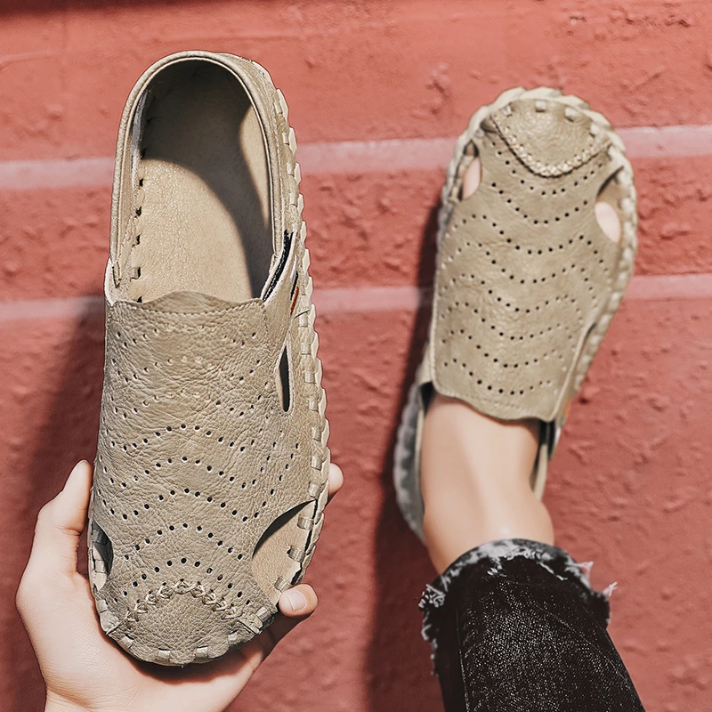 

Men Handmade Sandals PU Solid Color Hollow Soft Sole Business Casual Sandals Comfortable Breathable Non Slip Beach Shoes