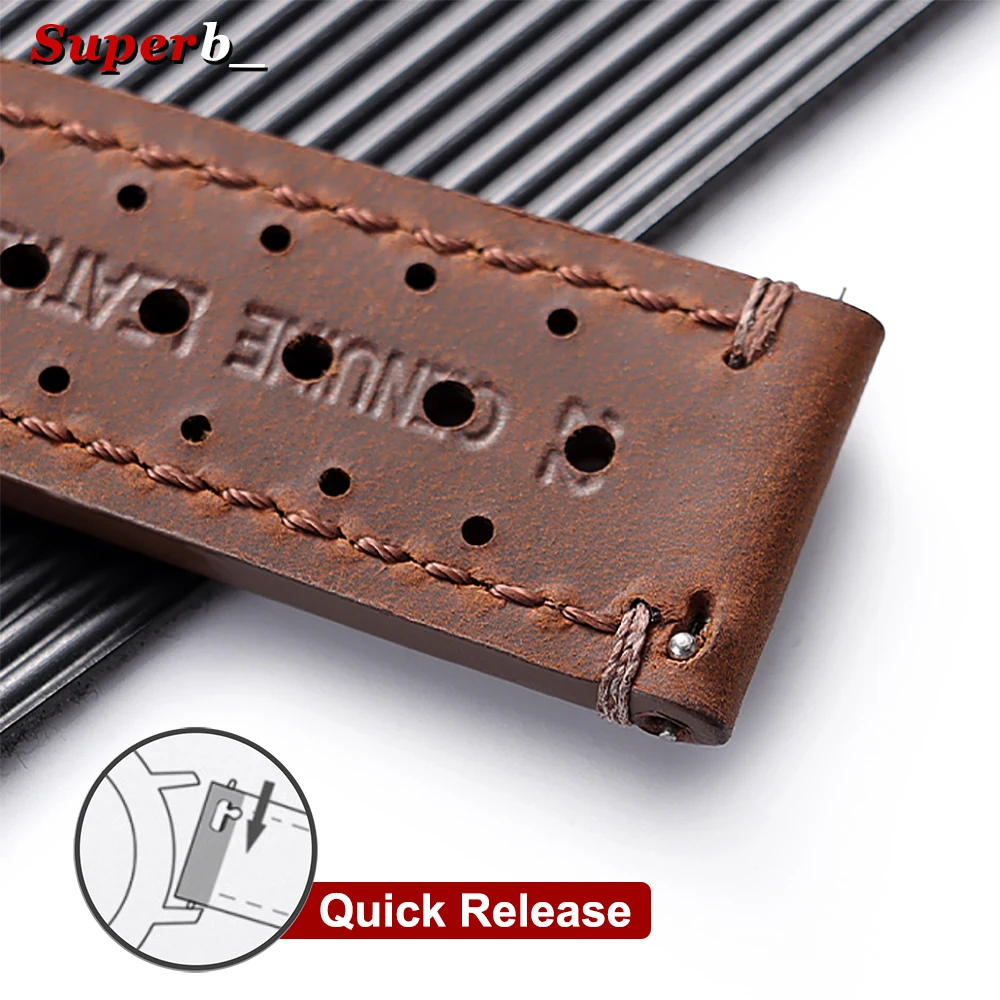 Vintage Brown Handmade Cowhide Leather Strap - Quick Release Breathable Porous Watch Band