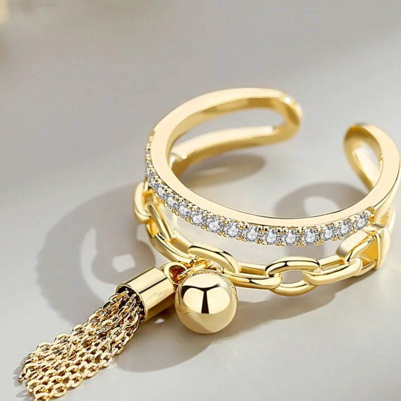 Luxury Double Layer Zircon Rings for Women Punk Metal Ball Tassel Link Chain Opening Ring New Trend Couple Wedding Jewelry