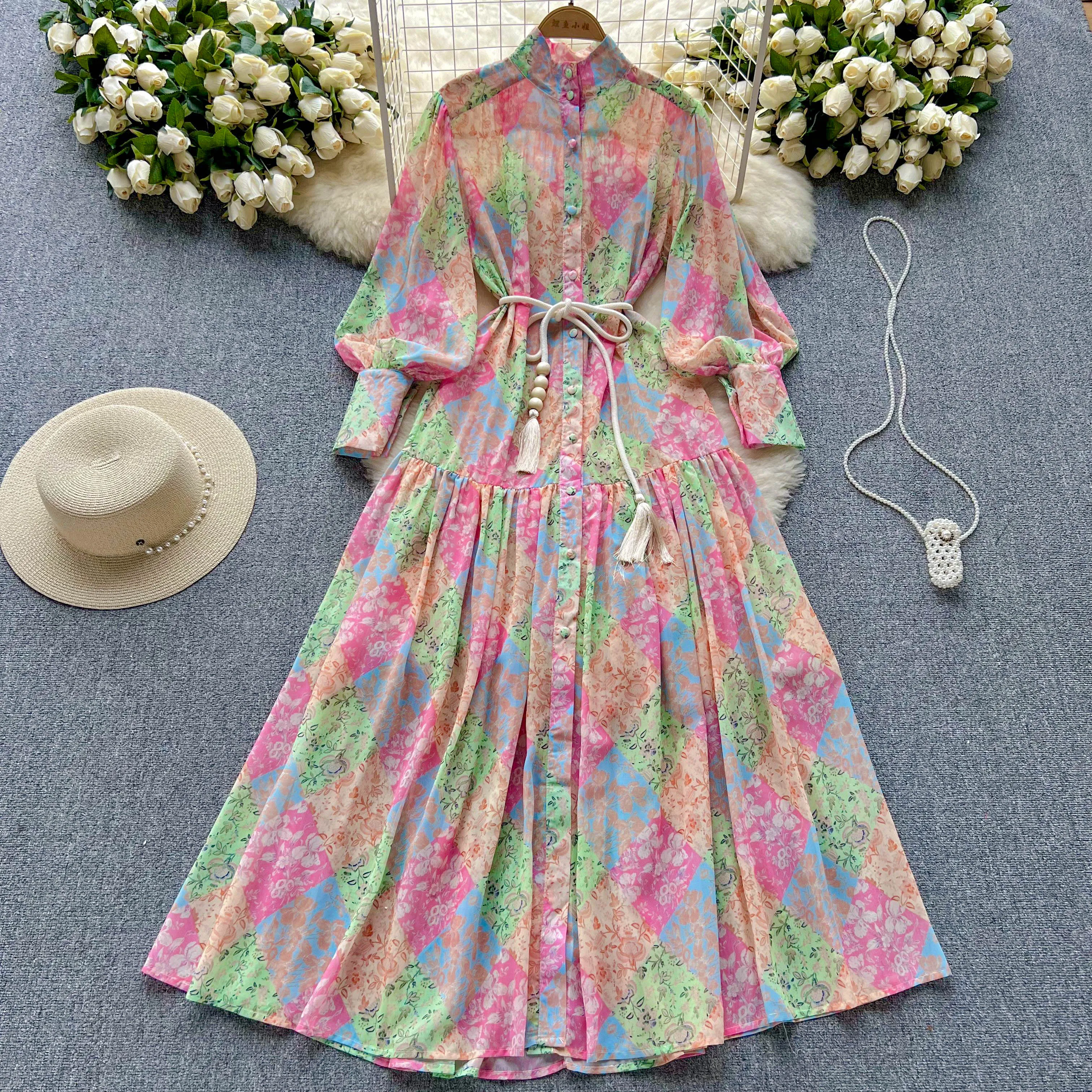

Spring and Autumn Thin Long Sleeve Stand Collar High-Grade Printed Chiffon Dress Women's Loose Lace-up Waist-Tight Vacation