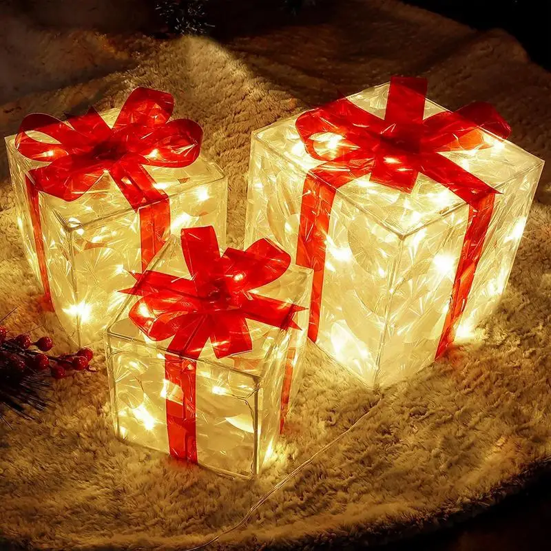 

Christmas Lighted Gift Boxes 3Pcs LED Light Up Collapsible Decor Indoor Outdoor with 2 Light Mode Plug-in Light Up Christmas