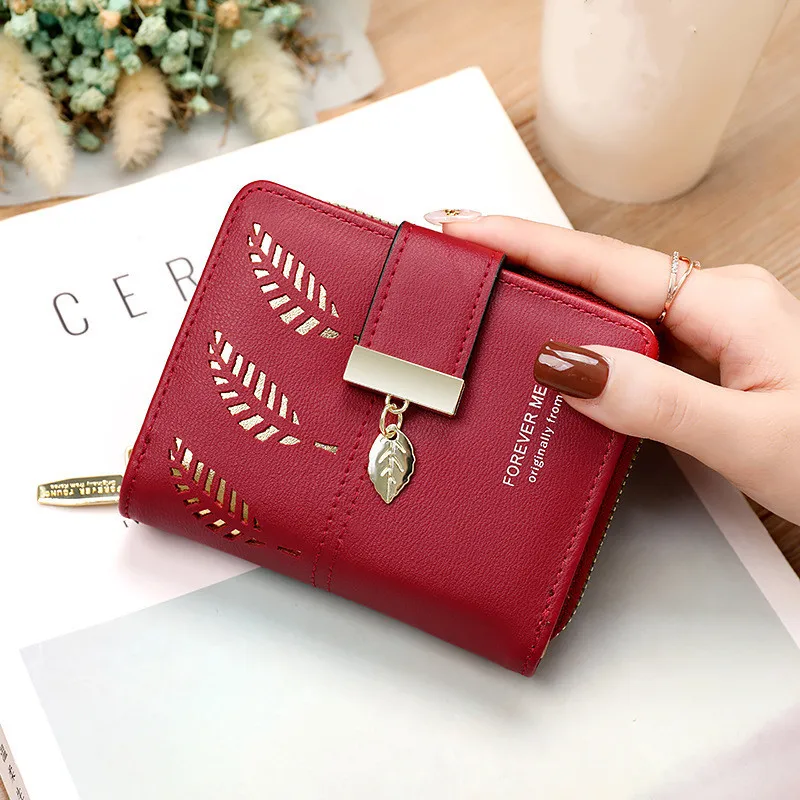 

Fashion Women's Short Hollow Leaves Wallets Bifold Female PU Leather Coin Money Purse Bag Zipper Hasp Clutch Card Case Holder