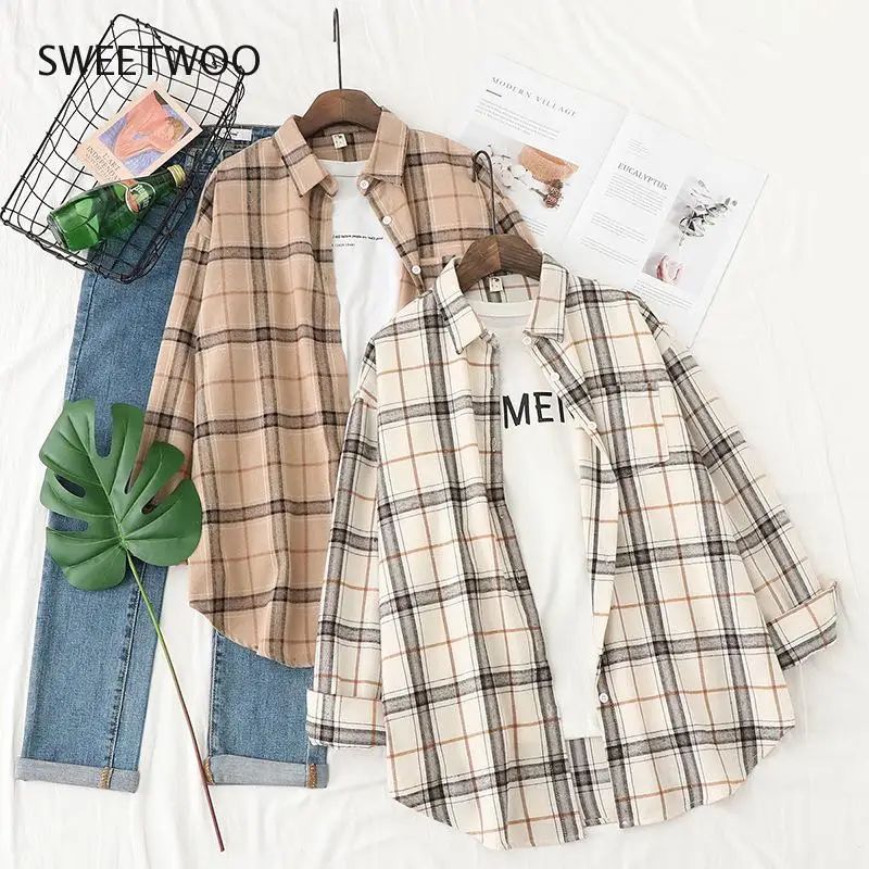 

Plaid Shirts Womens Blouses Long Sleeve Lady Checked Tops Loose Female Outwear Casual Clothes Spring Autumn News Tide Chic 2022