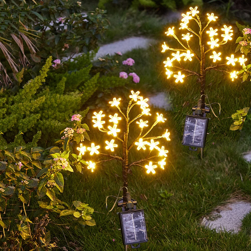 Outdoor Solar Garden Lights Cherry Blossoms Lawn Lamp Waterproof Fairy Tree Lights 8 Modes Solar Flower Landscape Patio Light