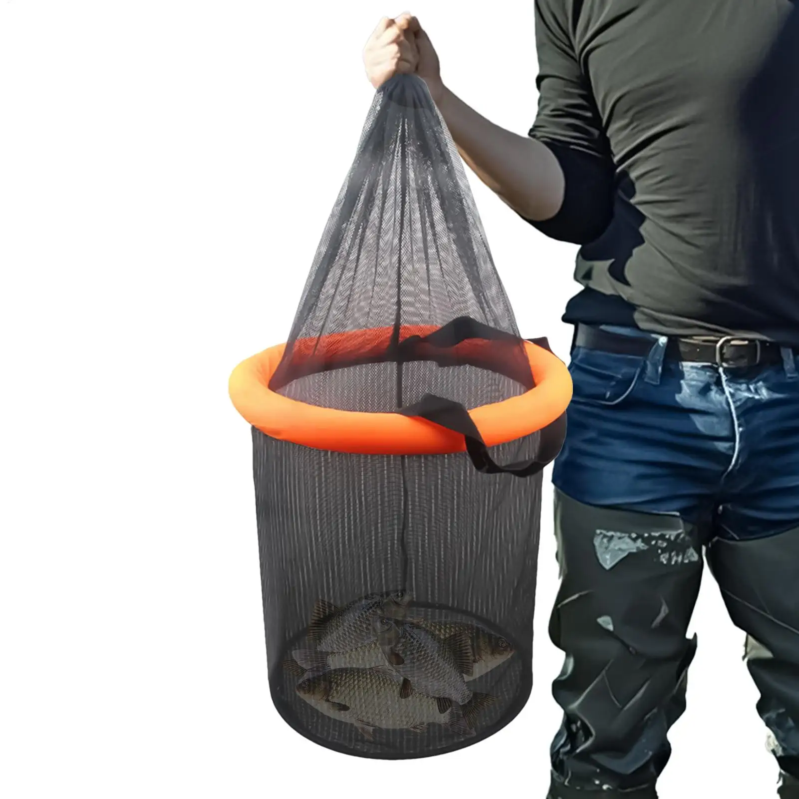 Floating Fish Basket Foldable Live Caught Net Portable Floating Mesh Basket With Drawstring For Crayfish Catfish Lures Storage