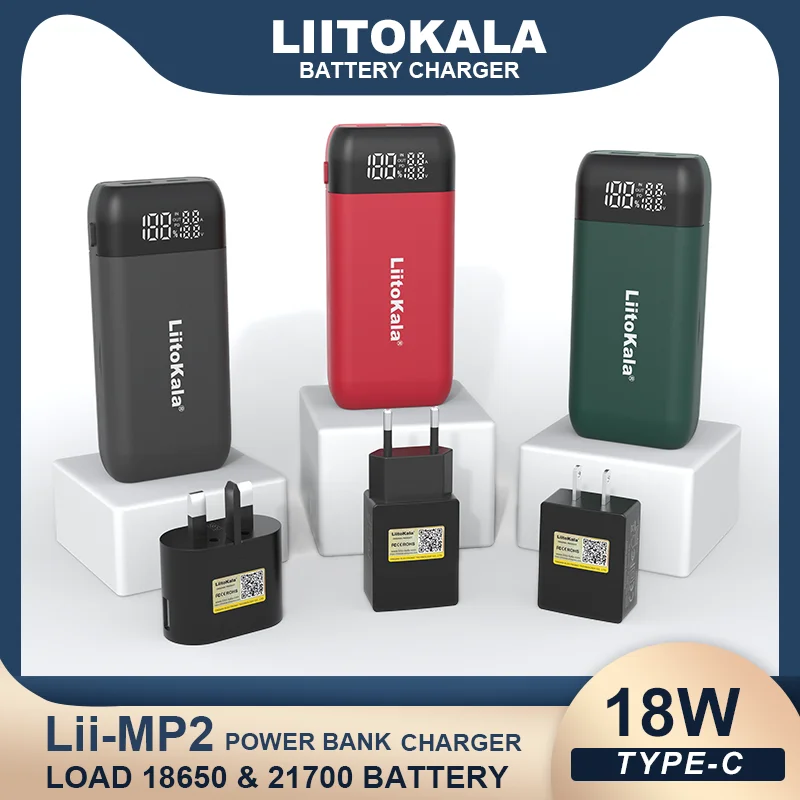 LiitoKala Lii-MP2 충전식 배터리 충전기 및 보조배터리, QC3.0 입출력 디지털 디스플레이, 18650 21700