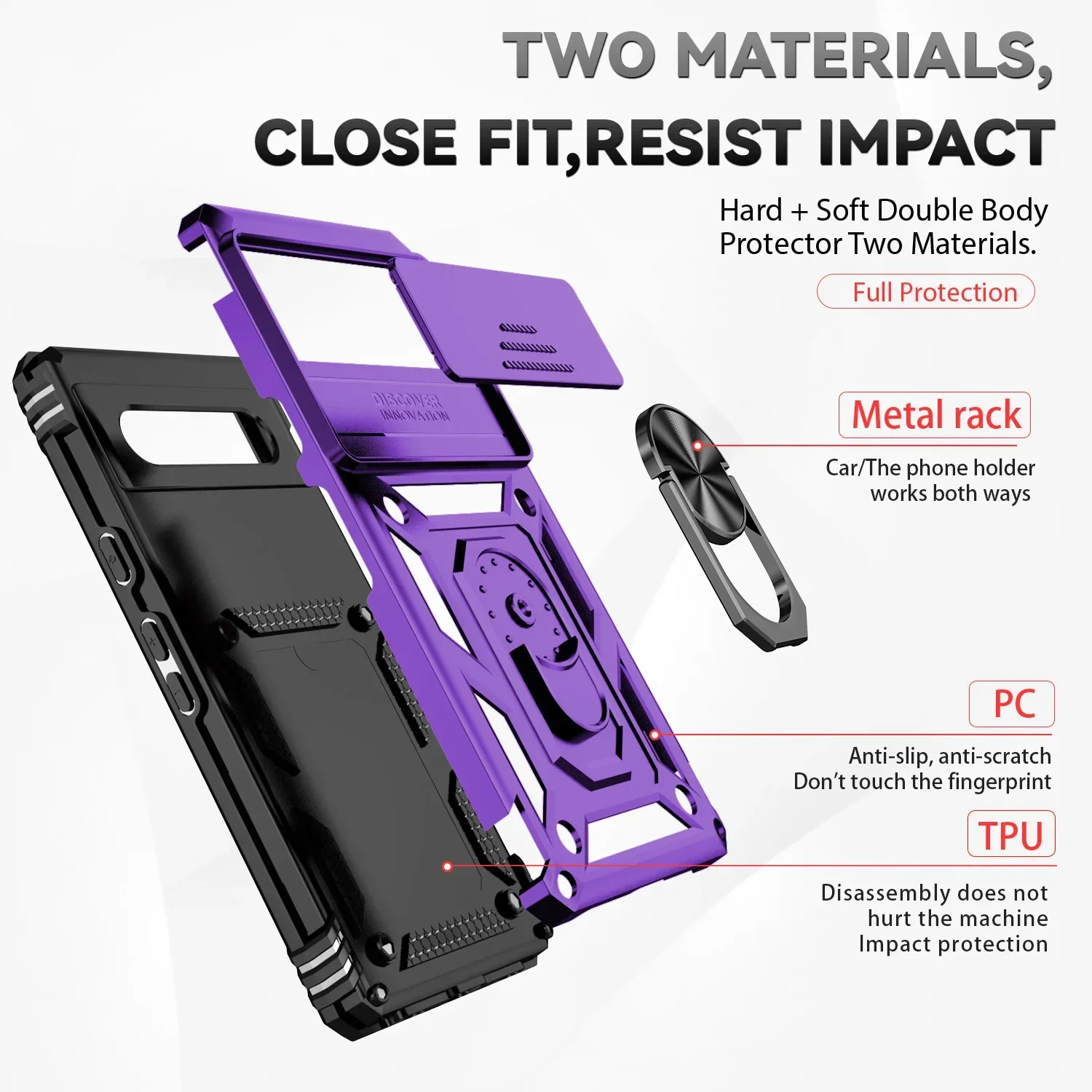Durable Ring Holder Armor Shockproof Case with Slide Lens Protector