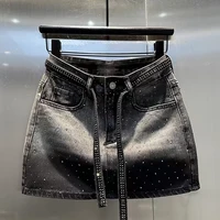 Oversize Retro Diamond Denim Mini Skirt for Women Summer High Waist Shiny Rivet Slim Skirts Gradient Black Grey Jean Skirts - Image 6