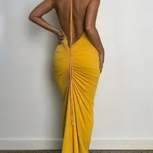 Backless Maxi Dress For Women Sexy Halter Draped Slim Dress Summer Female Yellow Long Club Party Beach Dressess 2022 Outfits