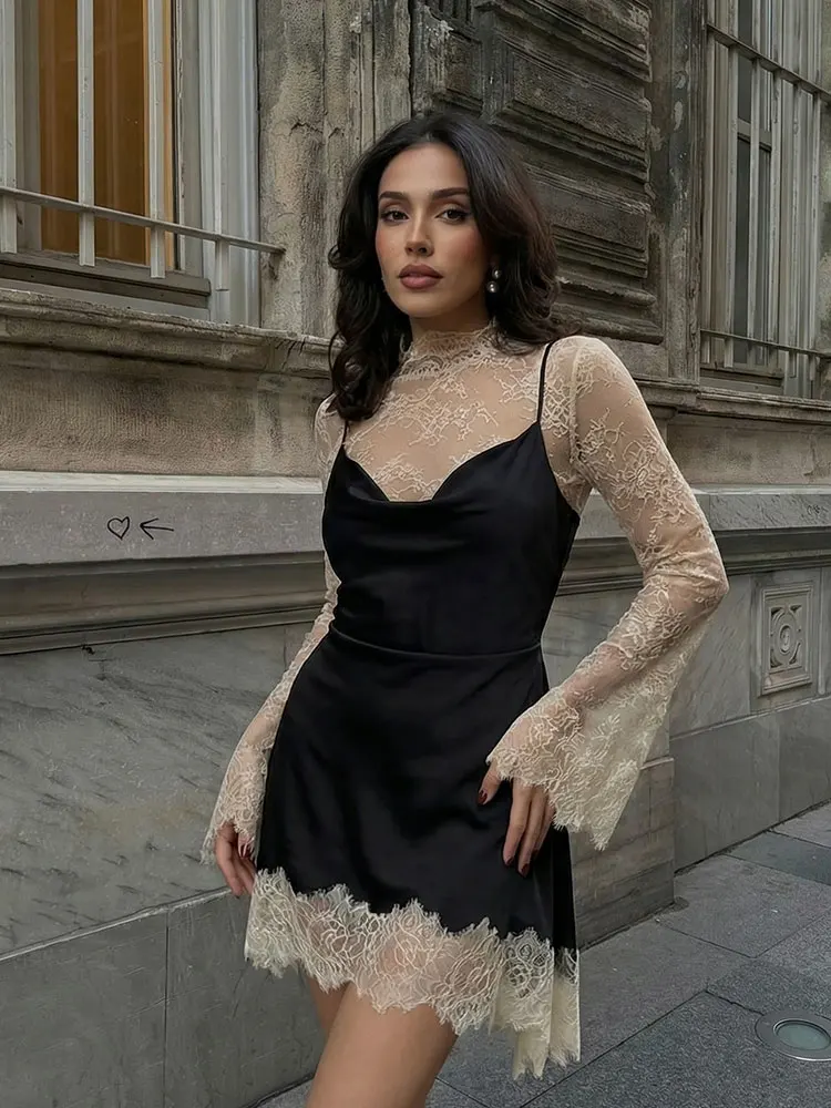 HH Women Elegant Fashion Lace Patchwork Dress Flare Sleeve Slim Mini Dresses 2026 Spring Summer Lady Sexy Party Evening Dress