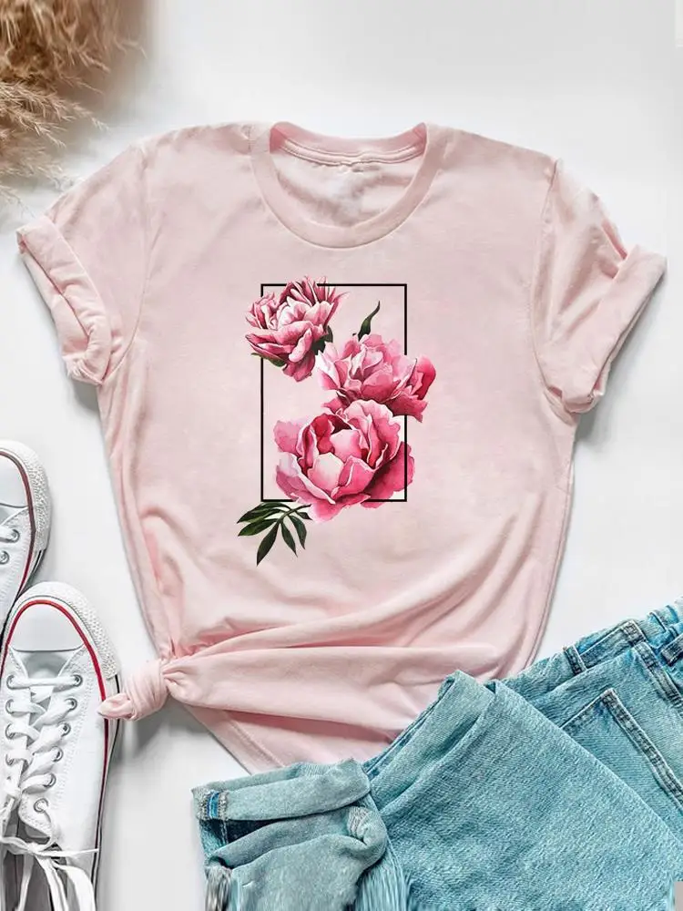 Sweet Watercolor Flower 90s Clothing Short Sleeve Tee Top Summer Graphic T Shirt Women Fashion Casual Female Print T-shirt