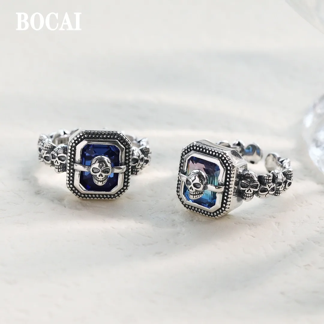 

BOCAI New Real S925 Silver Retro Heavy Industry Skull Inlaid Zircon Men's and Women's Rings Trendy Jewelry Birthday Gifts