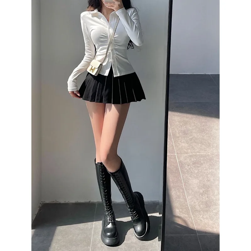 

2023 New High Waist Black Pleated Skirt Women's A-line Midi Skirt Fashion Spring Summer JK Student Skirt Kawaii Skirts for Women