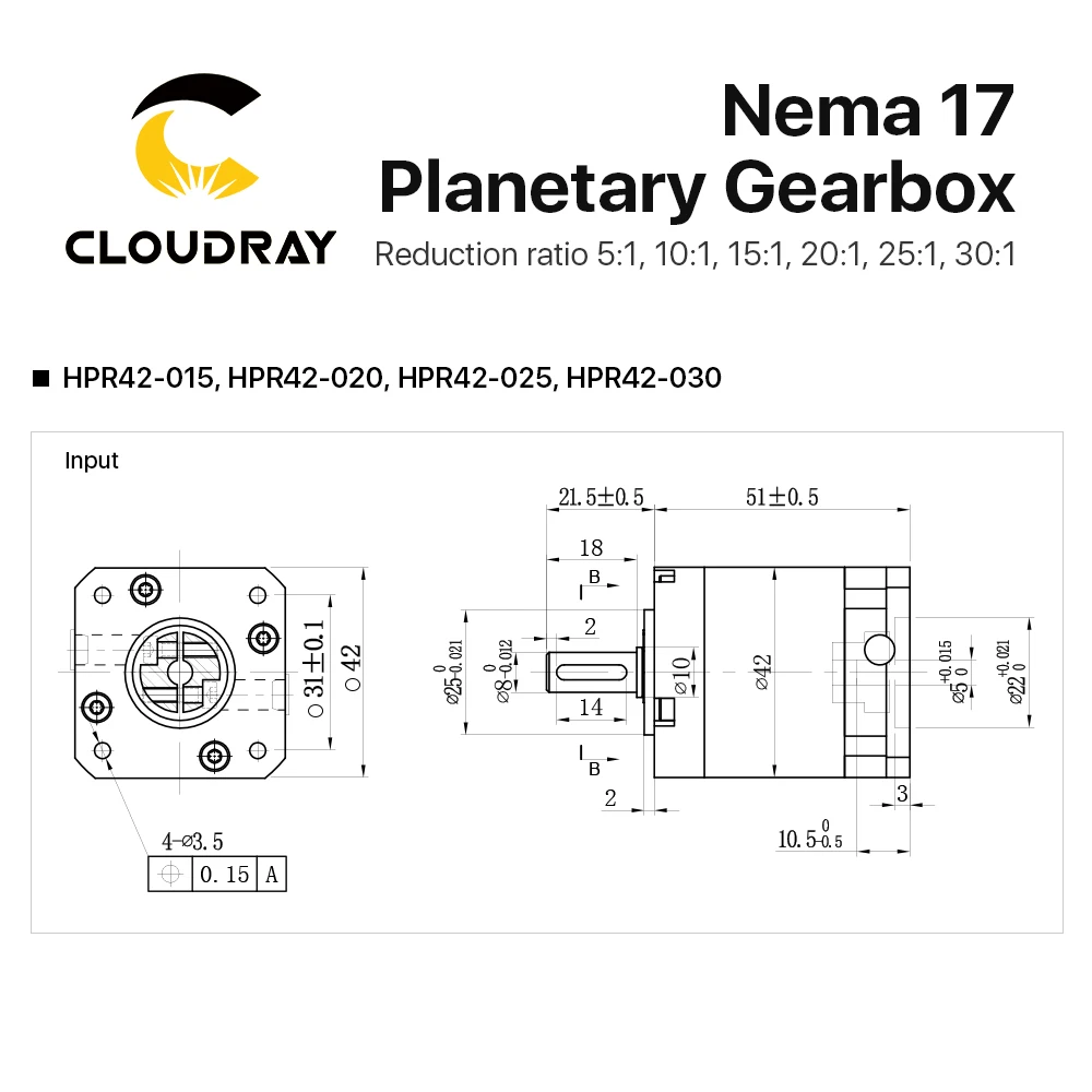 Cloudray Nema17 Planetary Gearbox Motor Speed Reducer Ratio 5:1, 10:1, 15:1, 20:1, 25:1,30:1 5mm Input for Open Close Loop Motor