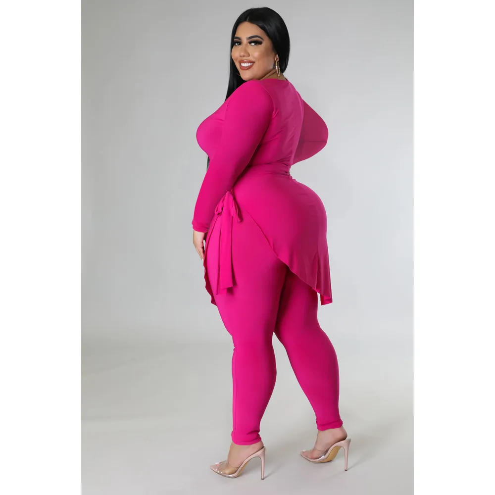 Plus Size Women 4xl Set Solid Long Shirt Top And Pencil Pant 2022 Autumn Female Two Piece Set Sexy Lady Casual Wholesale Clothes