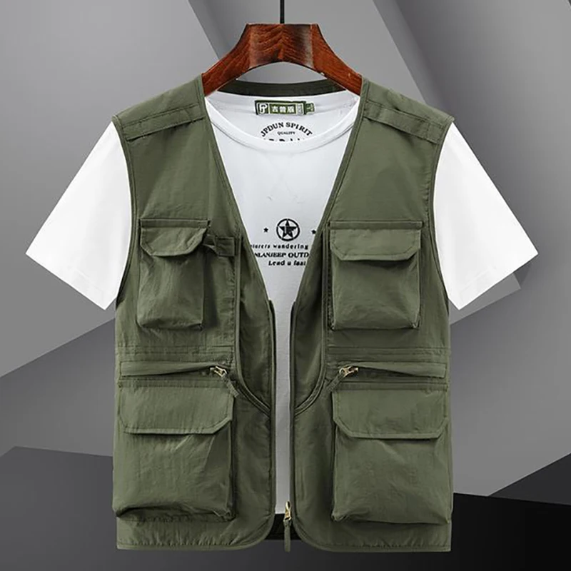 Chaleco militar de trabajo con 10 bolsillos para hombre, chaleco de viaje  de safari, chaqueta de cuero