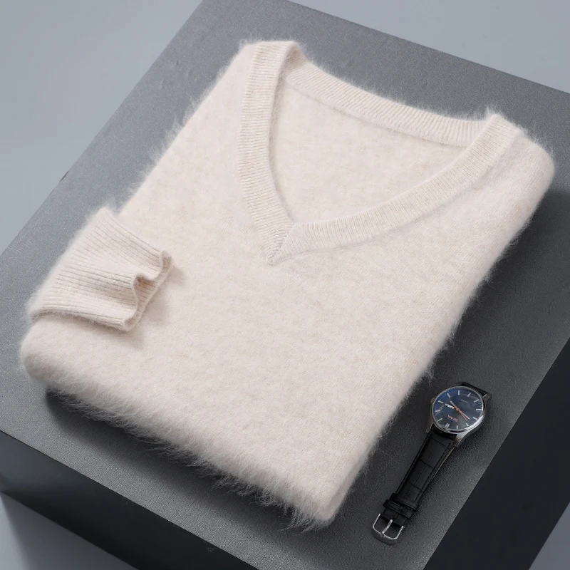 2024 Autumn/Winter New Men's Cashmere Sweater V-neck Pullover Knitted Long Sleeve Large Size Loose and Warm Casual High End Tops