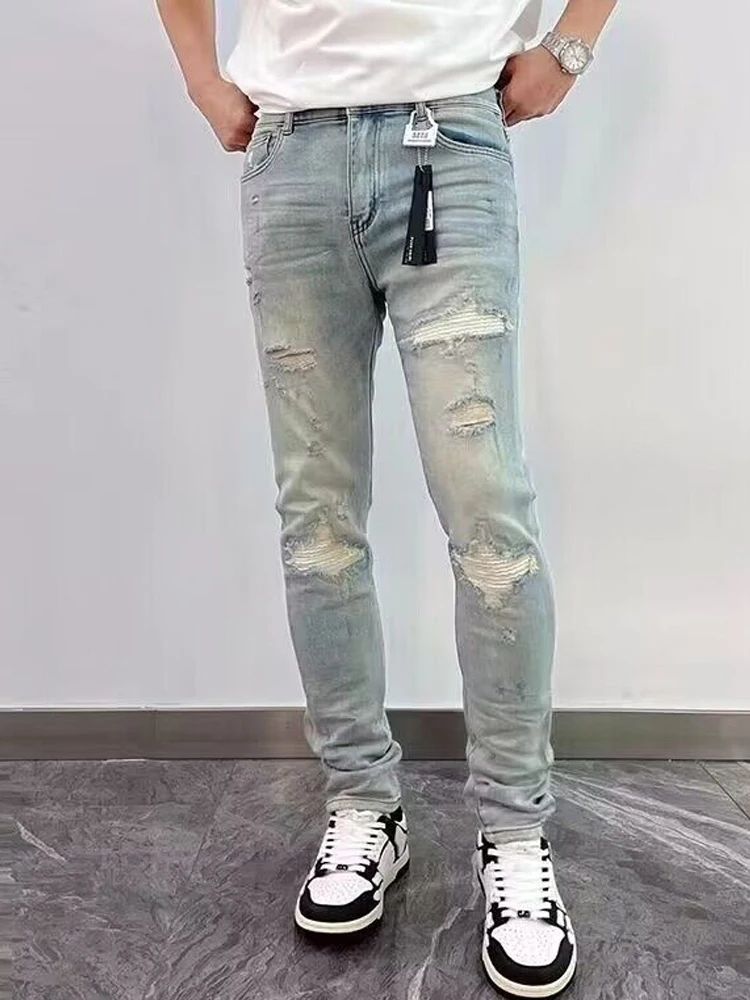Jeans For Man Classic Patchwork Light Blue Stretch Ripped Denim Pants Slim Fit Stretch Hip Hop Men's Clothing