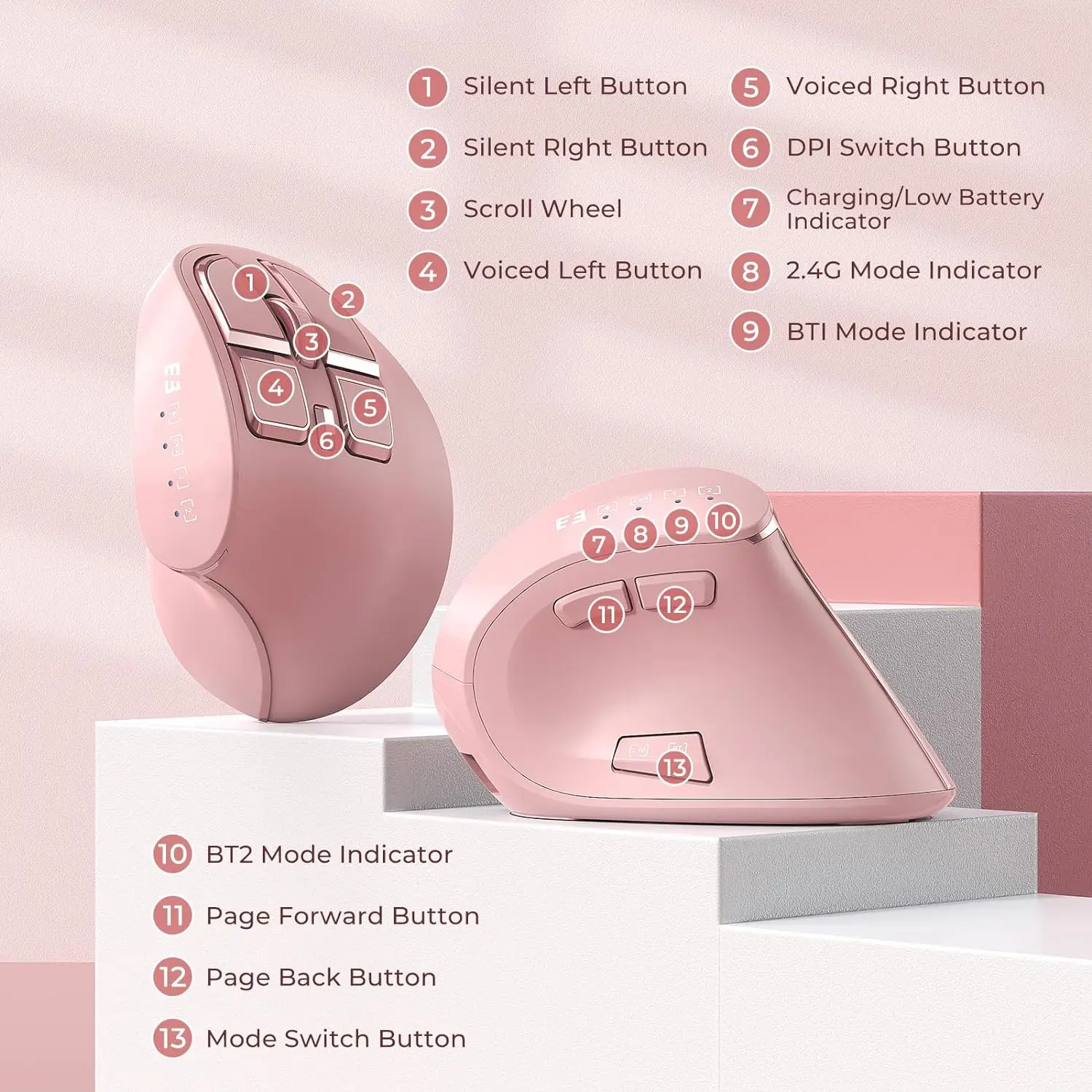 Ergonomic Wireless Vertical Mouse with Silent Design and Rechargeable 9-Button Functionality